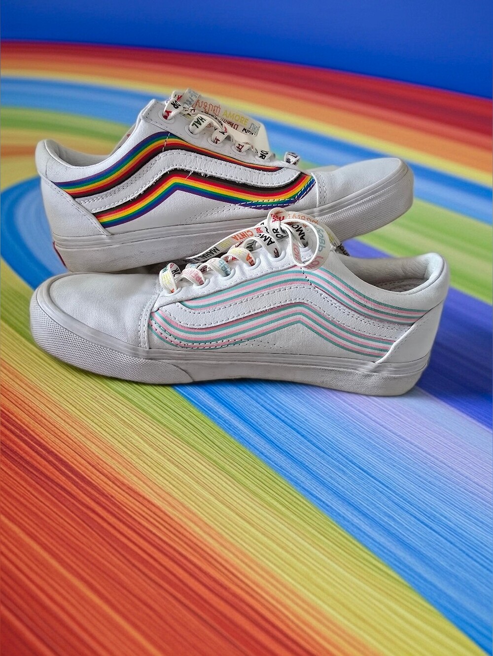 Vans PRIDE White Low-Top Sneakers with Rainbow & Pastel Stripes